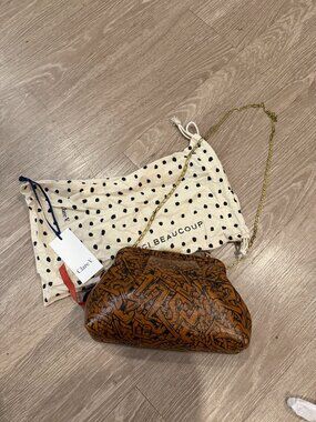 Clare V. Graffiti Print Leather Crossbody Bag Brown Black Gold Chain Strap